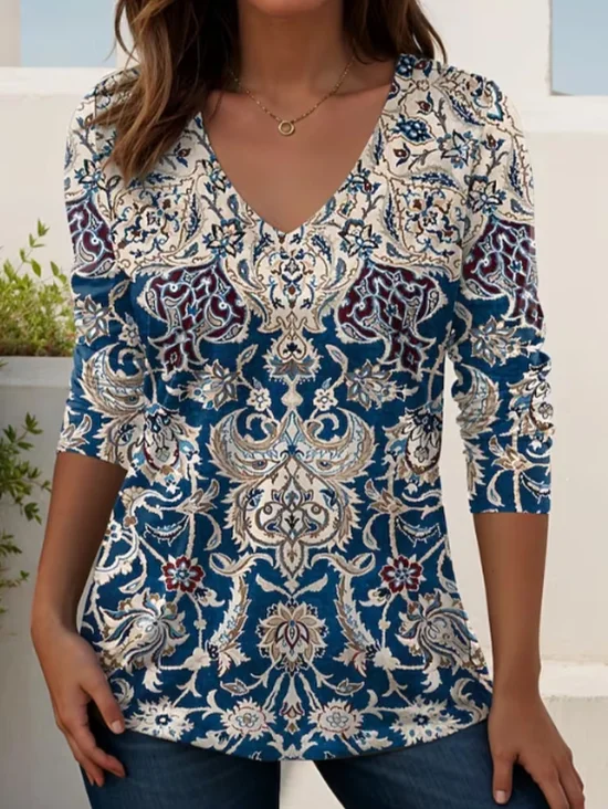 Women
                      Ethnic Long Sleeve Tee T-shirt V Neck Printing
                      Casual Graphic Tee Spring/Fall Top