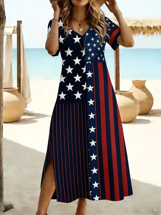 Women Independence Day (Flag) Short Sleeve Crew Neck Printing Dress Daily Casual Maxi T-Shirt Dress H-Line Summer Dress
