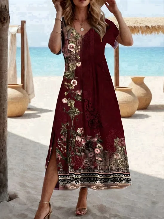 Women Floral Short Sleeve Crew Neck Printing Dress Daily Casual Maxi T-Shirt Dress H-Line Summer Dress