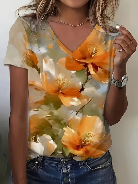 Women
                      Floral Short Sleeve Tee T-shirt V Neck Printing
                      Vintage Summer Top