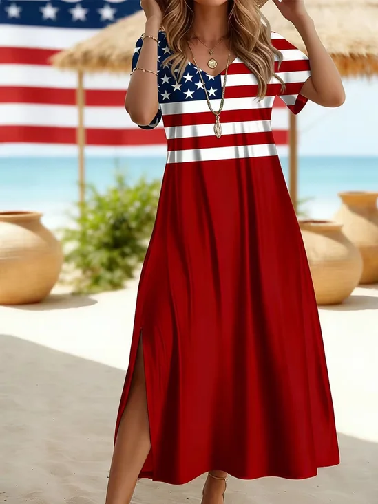 Women Independence Day (Flag) Short Sleeve Crew Neck Printing Dress Daily Casual Maxi T-Shirt Dress H-Line Summer Dress