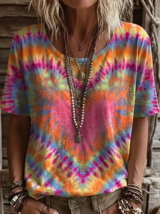 Women Tie-Dye Pattern Short Sleeve Tee T-shirt Crew Neck Printing Casual Graphic Tee Summer Top