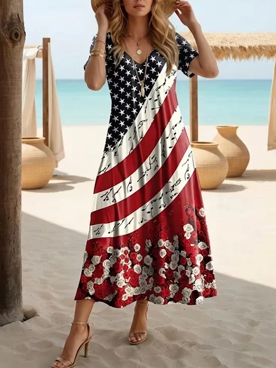 Women Independence Day (Flag) Short Sleeve V Neck Printing Dress Daily Casual Maxi X-Line Summer Dress