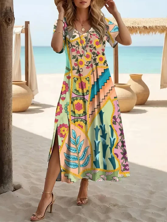 Women Floral Short Sleeve V Neck Printing Dress Daily Casual Maxi X-Line Summer Dress