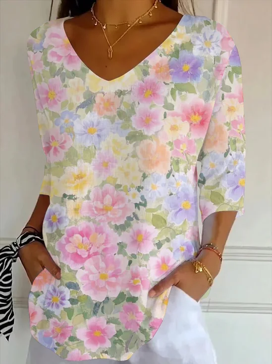 Women
                      Floral Three Quarter Sleeve Tee T-shirt V Neck
                      Printing Casual Graphic Tee Spring/Fall Top