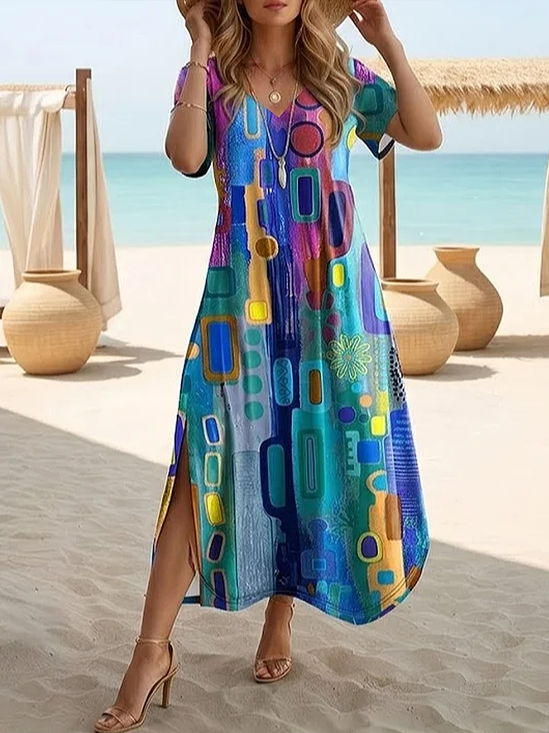 Women Abstract Short Sleeve Crew Neck Printing Dress Daily Casual Maxi T-Shirt Dress H-Line Summer Dress