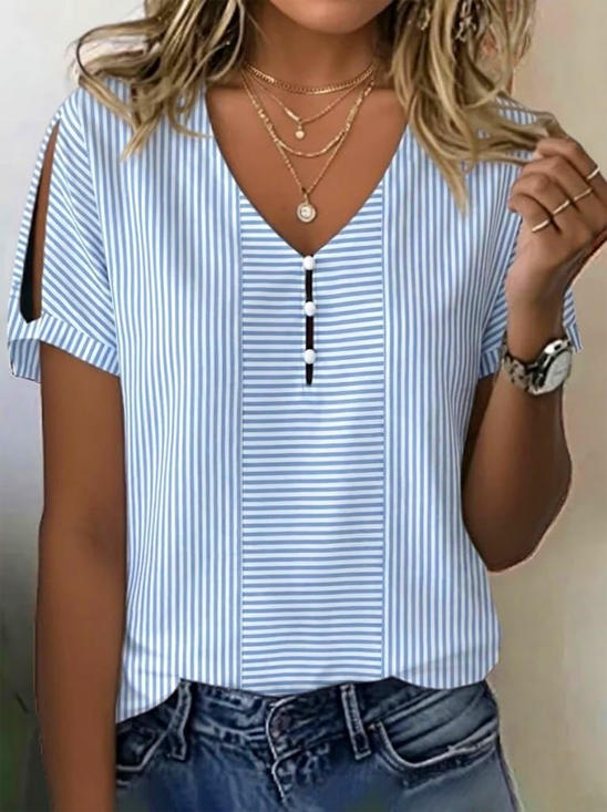 Women Striped Short Sleeve Tee T-shirt V Neck Elegant Summer Top