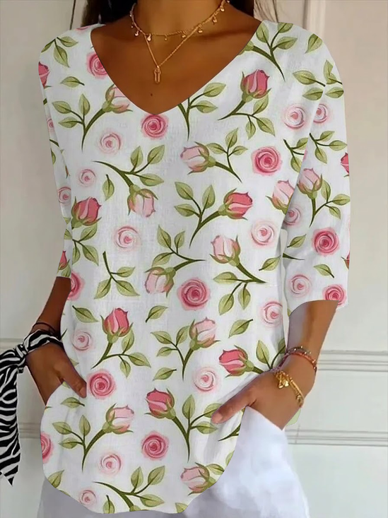 Women
                      Floral Three Quarter Sleeve Tee T-shirt V Neck
                      Printing Casual Graphic Tee Spring/Fall Top