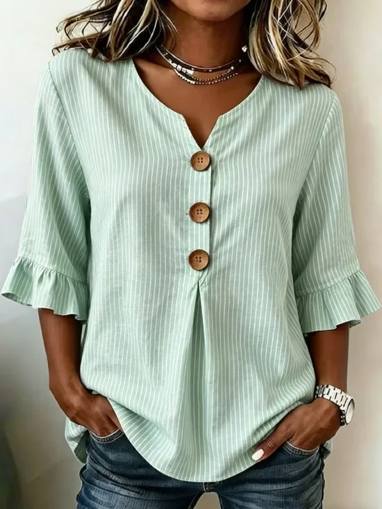 Women Striped V Neck Half Sleeve Blouse Printing Vintage Daily Summer Top