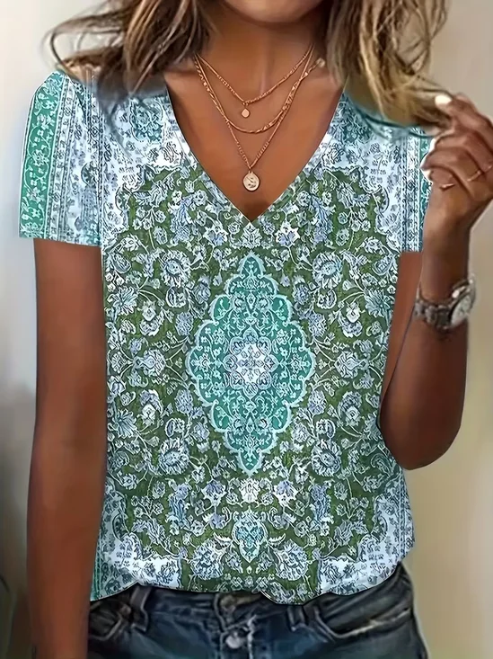 Women
                      Ethnic Short Sleeve Tee T-shirt V Neck Printing
                      Vintage Summer Top