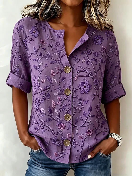 Women Floral V Neck Half Sleeve Shirt Casual Daily Summer Top