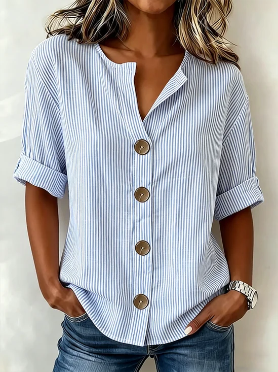 Women Striped V Neck Half Sleeve Shirt Casual Daily Summer Top