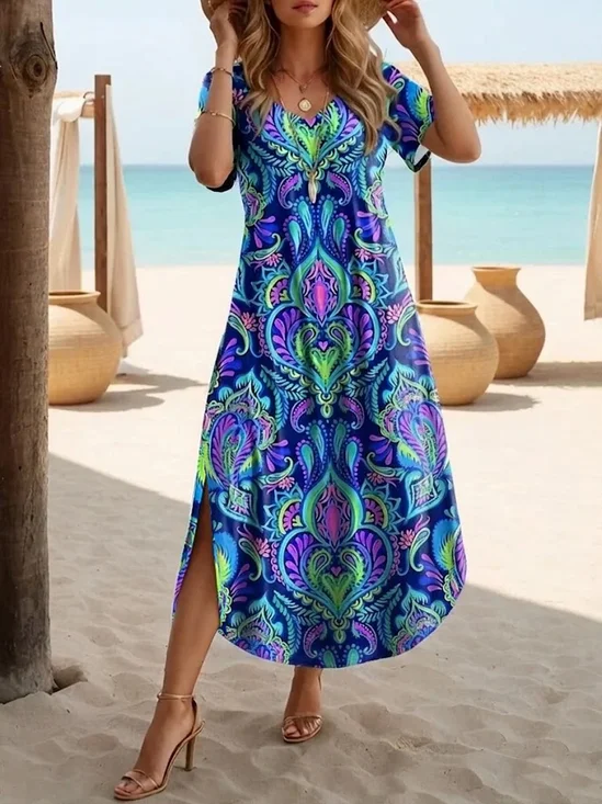 Women Ethnic Short Sleeve Crew Neck Printing Dress Daily Casual Maxi T-Shirt Dress H-Line Summer Dress