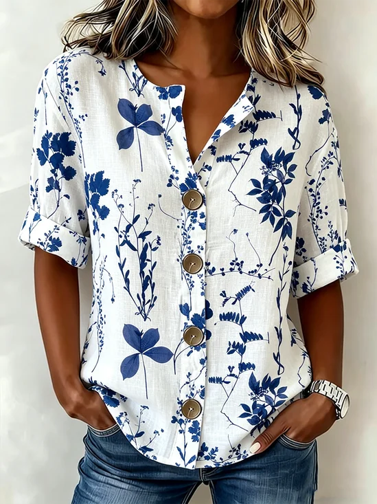 Women Floral V Neck Half Sleeve Shirt Casual Daily Summer Top