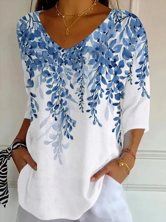 Women
                      Floral Three Quarter Sleeve Tee T-shirt V Neck
                      Printing Casual Graphic Tee Spring/Fall Top
