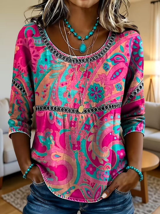 Women Floral Crew Neck Half Sleeve Blouse Printing Casual Daily Summer Top