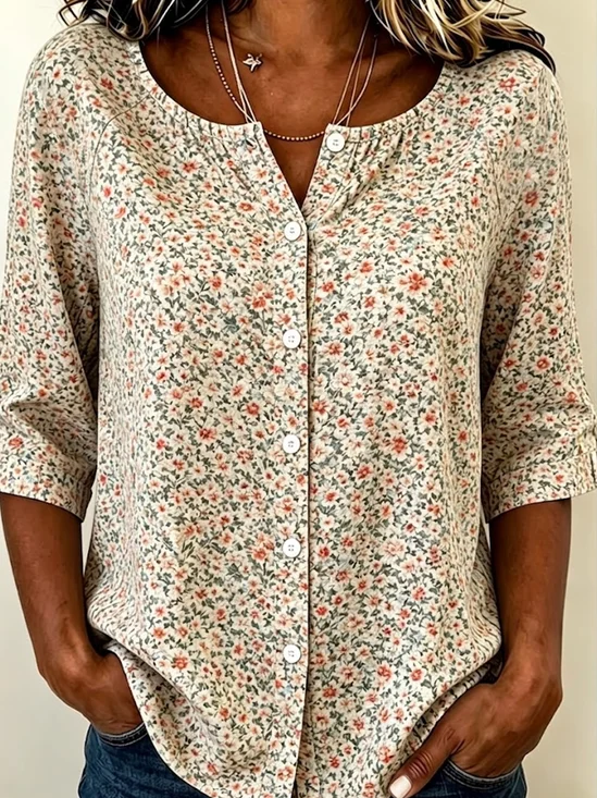 Women Floral Crew Neck Half Sleeve Shirt Printing Casual Daily Summer Top