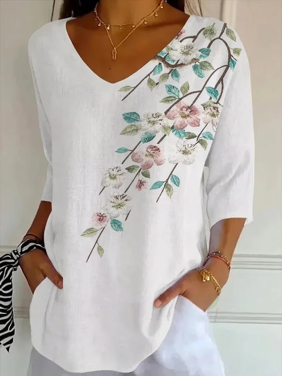 Women Floral Three Quarter Sleeve Tee T-shirt V Neck Printing Casual Graphic Tee Spring/Fall Top