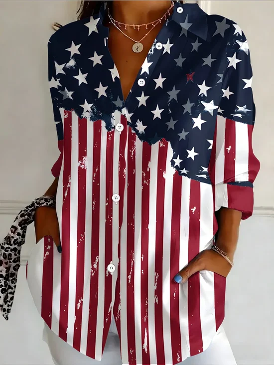 Women 4th of July Patriotic Shirt Independence Day Flag Shirt Collar Long Sleeve Button Front Regular Sleeve Casual Daily Spring/Fall Top