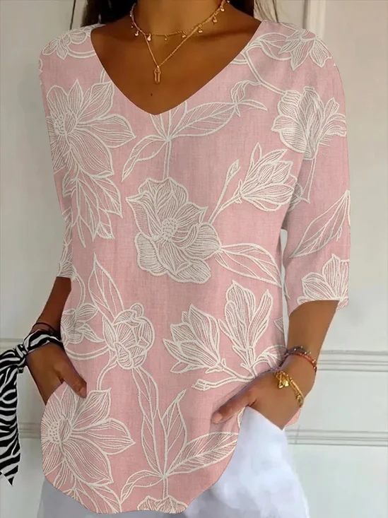 Women
                      Floral Three Quarter Sleeve Tee T-shirt V Neck
                      Printing Casual Graphic Tee Spring/Fall Top