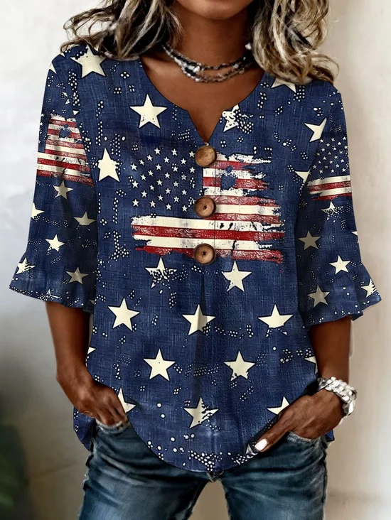 Women Star V Neck Half Sleeve Blouse Printing Vintage Daily Summer Top