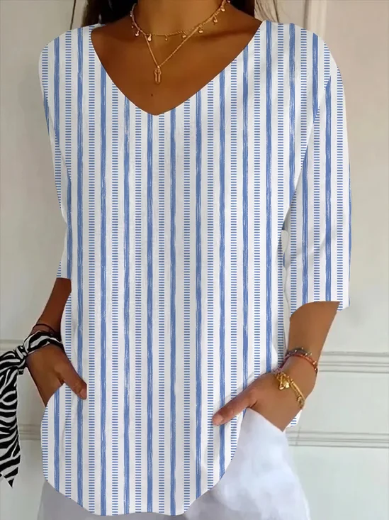 Women
                      Striped Three Quarter Sleeve Tee T-shirt V Neck
                      Printing Casual Graphic Tee Spring/Fall Top