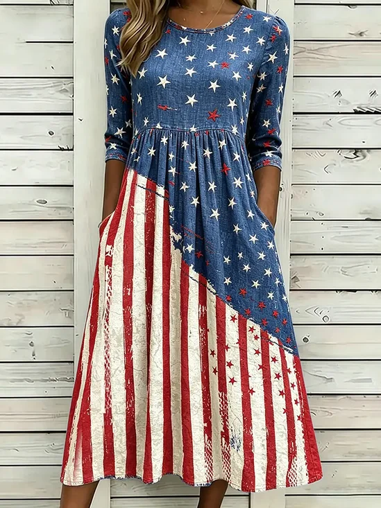 Women Independence Day (Flag) Half Sleeve Crew Neck Printing Dress Daily Casual Maxi H-Line Summer Dress