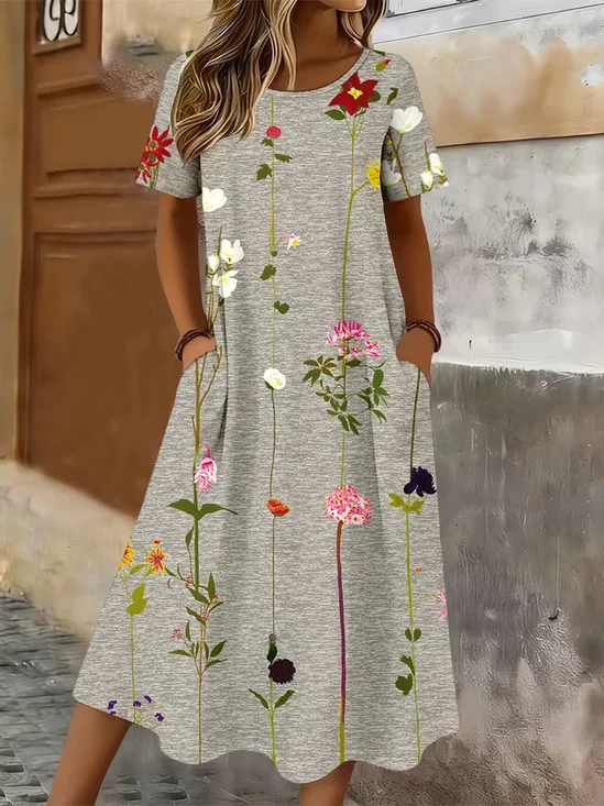Women Floral Short Sleeve Crew Neck Printing Dress Daily Casual Maxi T-Shirt Dress H-Line Summer Dress