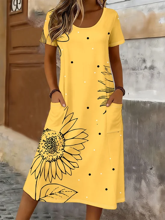 Women Floral Short Sleeve Crew Neck Printing Dress Daily Casual Maxi T-Shirt Dress H-Line Summer Dress