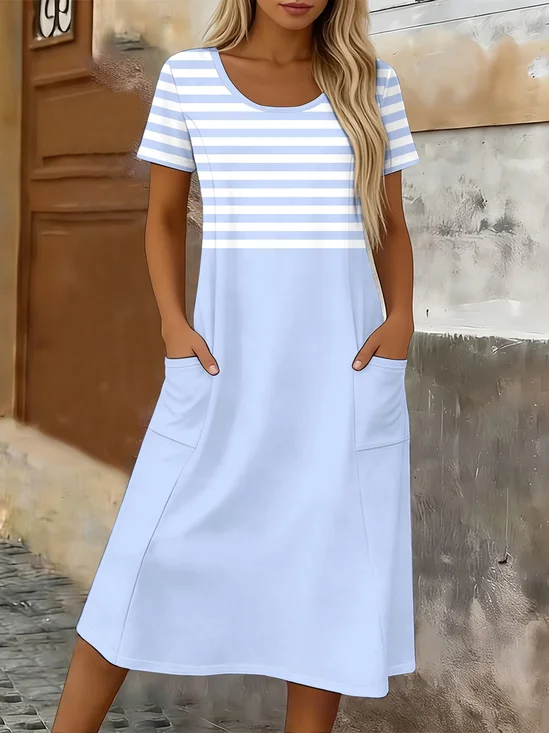Women Striped Short Sleeve Crew Neck Printing Dress Daily Casual Maxi T-Shirt Dress H-Line Summer Dress