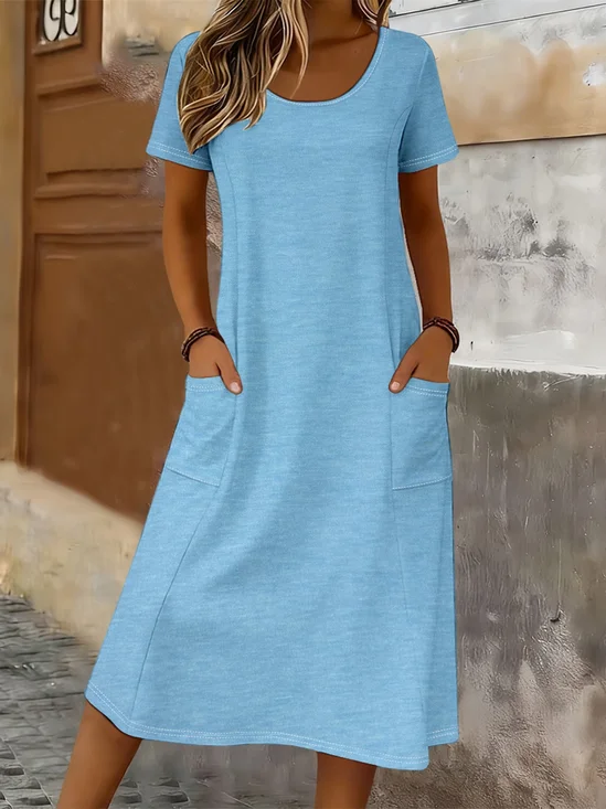 Women Plain Short Sleeve Crew Neck Pocket Stitching Dress Daily Casual Maxi T-Shirt Dress H-Line Summer Dress