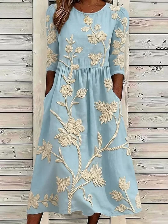 Women Floral Half Sleeve Crew Neck Printing Dress Daily Casual Maxi H-Line Summer Dress