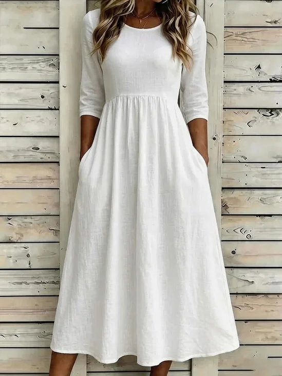 Women Plain Half Sleeve Crew Neck Printing Dress Daily Casual Maxi H-Line Summer Dress