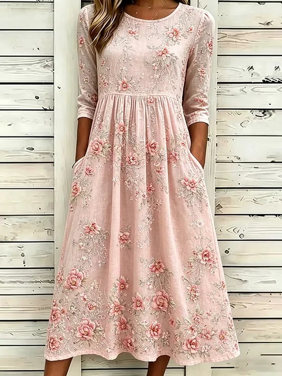 Women Floral Half Sleeve Crew Neck Printing Dress Daily Casual Maxi H-Line Summer Dress