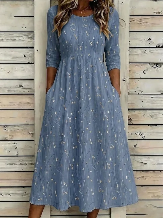 Women Floral Half Sleeve Crew Neck Printing Dress Daily Casual Maxi H-Line Summer Dress