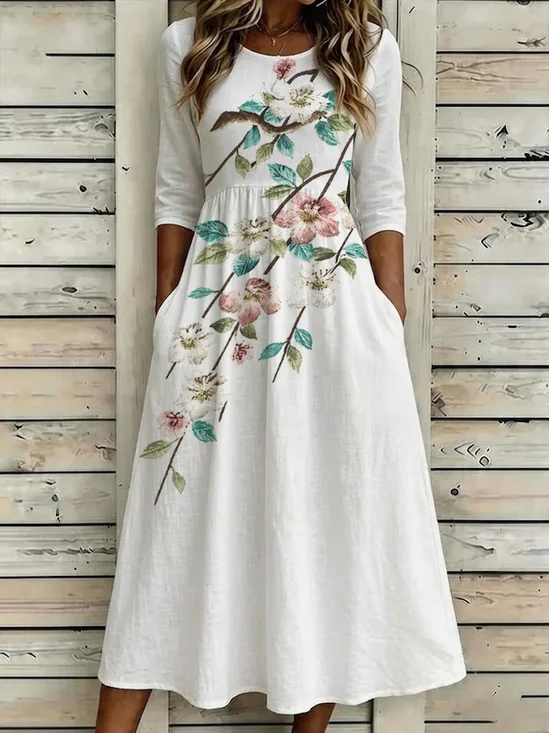 Women Floral Half Sleeve Crew Neck Printing Dress Daily Casual Maxi H-Line Summer Dress