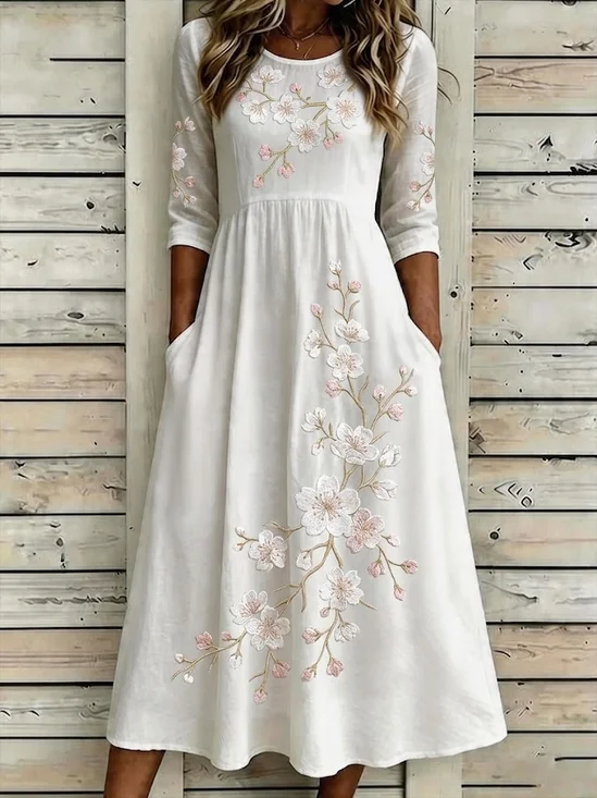 Women Floral Half Sleeve Crew Neck Printing Dress Daily Casual Maxi H-Line Summer Dress