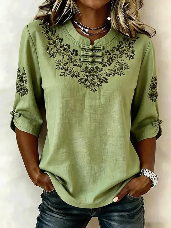 Women Floral Mandarin Collar Half Sleeve Blouse Printing Vintage Daily Summer Top