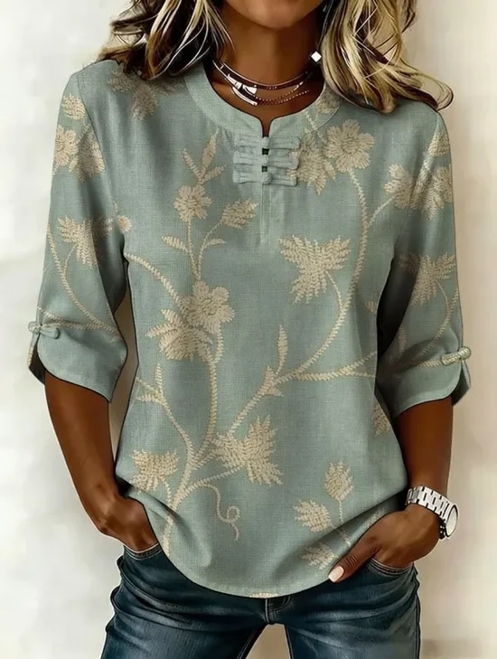 Women Floral Mandarin Collar Half Sleeve Blouse Printing Vintage Daily Summer Top