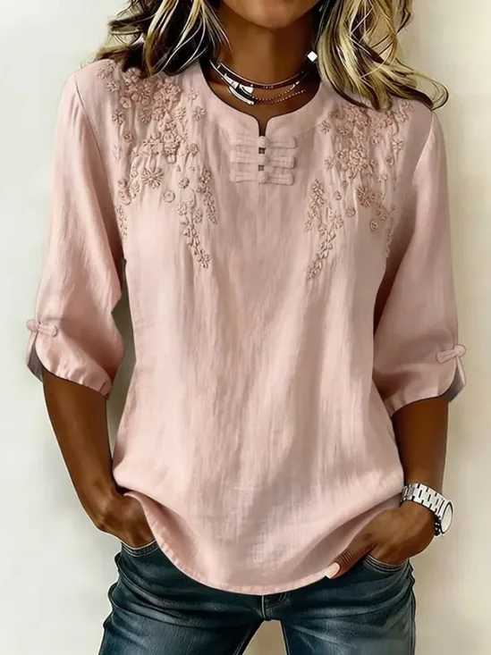 Women Floral Mandarin Collar Half Sleeve Blouse Printing Vintage Daily Summer Top