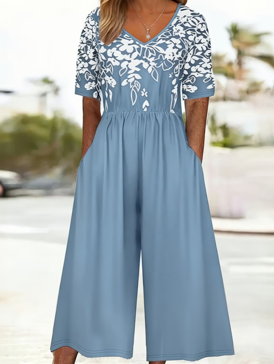 Women Floral V Neck Half Sleeve Casual Summer Jumpsuit