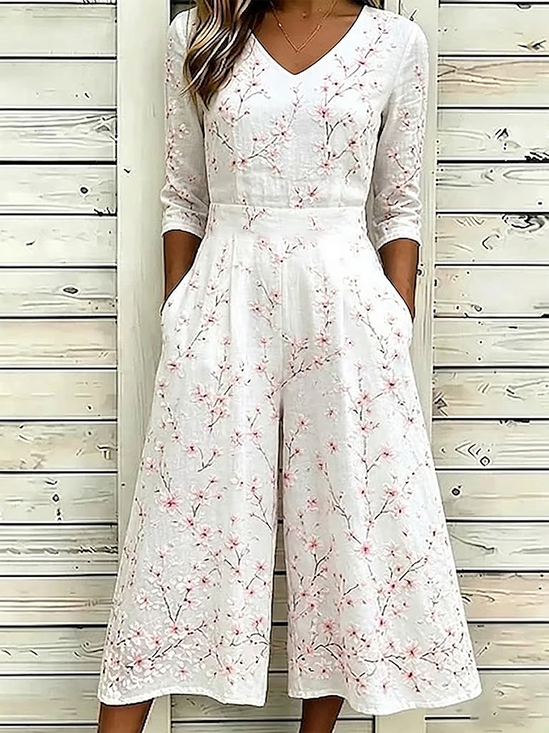 Women Floral V Neck Half Sleeve Casual Summer Jumpsuit