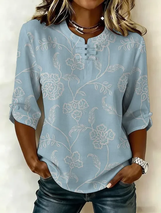 Women Floral Mandarin Collar Half Sleeve Blouse Printing Vintage Daily Summer Top