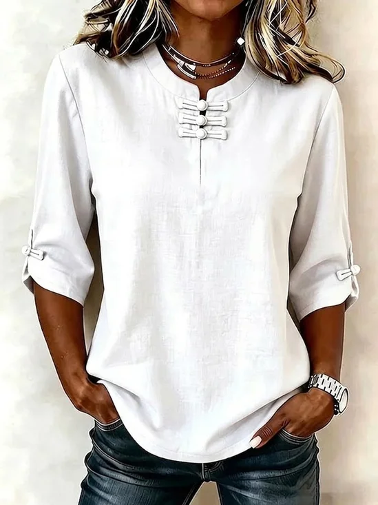 Women Plain Mandarin Collar Half Sleeve Blouse Buckle Vintage Daily Summer Top