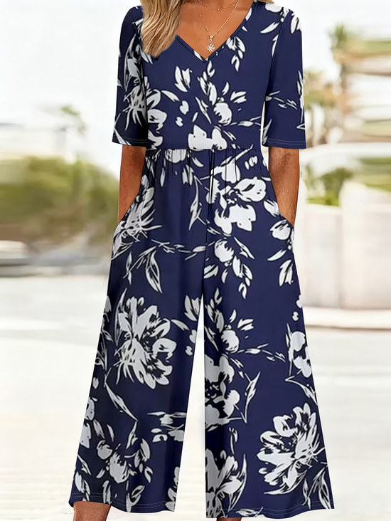 Women Floral V Neck Half Sleeve Casual Summer Jumpsuit