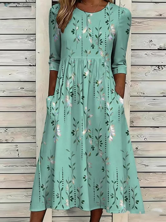 Women Floral Half Sleeve Crew Neck Printing Dress Daily Casual Maxi H-Line Summer Dress