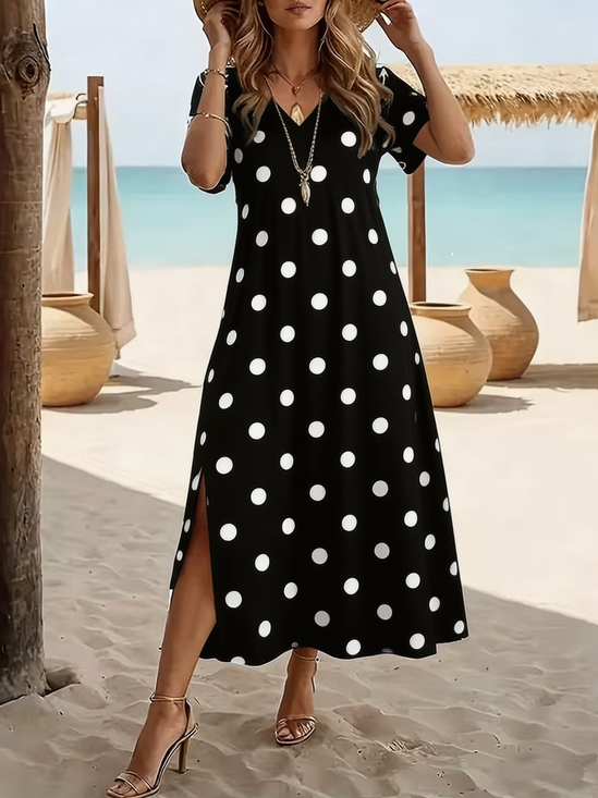 Women Polka Dots Short Sleeve Crew Neck Printing Dress Daily Casual Maxi T-Shirt Dress H-Line Summer Dress