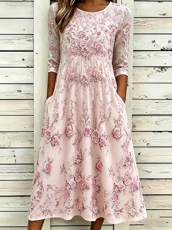 Women Floral Half Sleeve Crew Neck Printing Dress Daily Casual Maxi H-Line Summer Dress