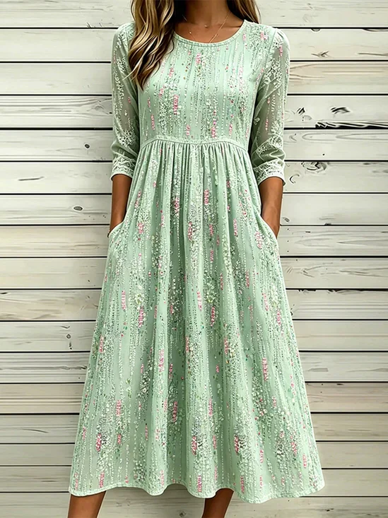Women Abstract Half Sleeve Crew Neck Printing Dress Daily Casual Maxi H-Line Summer Dress