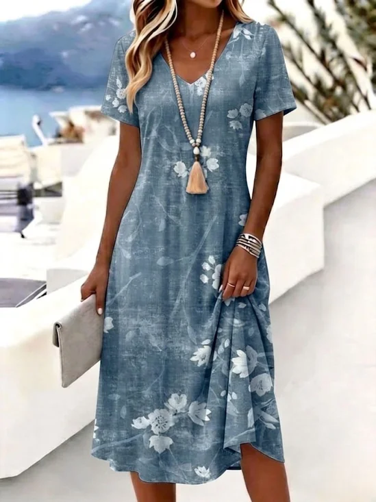 Women Floral Short Sleeve V Neck Dress Daily Casual Midi A-Line Summer Dress